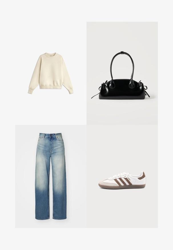 Sweat-shirt à manches longues de couleur crème avec col rond et poignets et ourlet côtelés, posé à plat sur un fond blanc.; Jean larges bleu clair à taille haute, en denim, avec un dégradé délavé, cinq poches et des accents en métal.; Baskets Adidas Samba blanches avec des bandes en daim marron, semelle en caoutchouc marron et bout en daim beige, vues du côté extérieur sur un fond uni.; Petit sac à main noir brillant avec deux longues anses et des détails à cordon sur les côtés sur un fond clair uni.