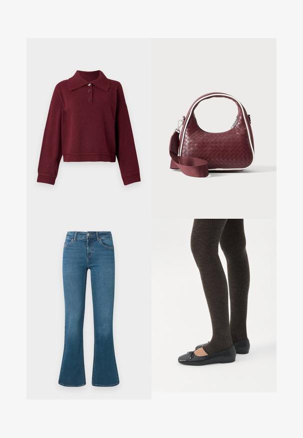Pull beige avec col, patte de boutonnage à trois boutons et bords côtes. Texture douce avec une coupe décontractée.; Jean en denim bleu évasé avec une taille mi-haute, design à cinq poches et un subtil détail de couture. Texture lisse avec un lavage classique.; Jambes portant des leggings côtelés foncés associés à des ballerines noires avec de petits détails en nœud sur fond blanc.; Sac à main en cuir tressé marron foncé avec poignée courbée, garniture blanche, fermeture éclair argentée et bandoulière large en tissu amovible sur fond uni.