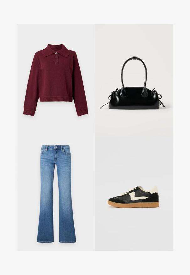 Pull beige avec col, patte de boutonnage à trois boutons et bords côtes. Texture douce avec une coupe décontractée.; Jean flare bleu clair en denim. Comprend un design à cinq poches, une fermeture par bouton métallique et un léger délavage près des genoux.; Baskets en daim et cuir noir avec un swoosh latéral crème et un talon crème clair. Dotées de lacets beige et d'une semelle en caoutchouc gomme.; Petit sac à main noir brillant avec deux longues anses et des détails à cordon sur les côtés sur un fond clair uni.