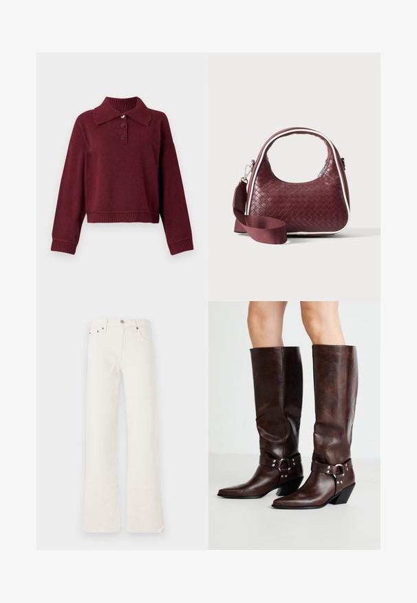 Pull beige avec col, patte de boutonnage à trois boutons et bords côtes. Texture douce avec une coupe décontractée.; Jean flare blancs en denim, avec une taille haute, cinq poches et des coutures doublement piquées, ornés de accents en ton cuivre.; RAID NEVIS - Bottes de cowboy / motard - brown; Sac à main en cuir tressé marron foncé avec poignée courbée, garniture blanche, fermeture éclair argentée et bandoulière large en tissu amovible sur fond uni.