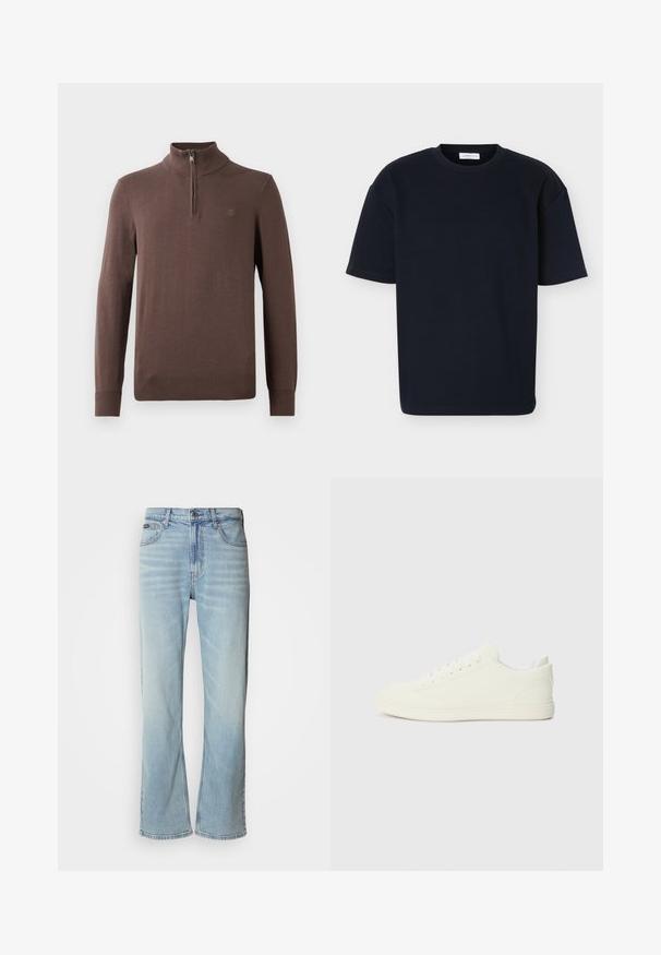 Brun strikket pullover med høj krave og kvart lynlås. Har ribbet manchetter og nederkant, samt et lille logo på brystet.; Sort T-shirt med korte ærmer og rund hals med afslappet pasform og subtilt tekstureret stof, vist på en ensartet lys baggrund.; Lyseblå denimjeans med lige ben, der har fem lommer, knaplukning og en subtil falmning på stoffet.; Hvide sneakers med en glat overflade, rund tå og traditionel snøring, med et minimalistisk design og gummisål.