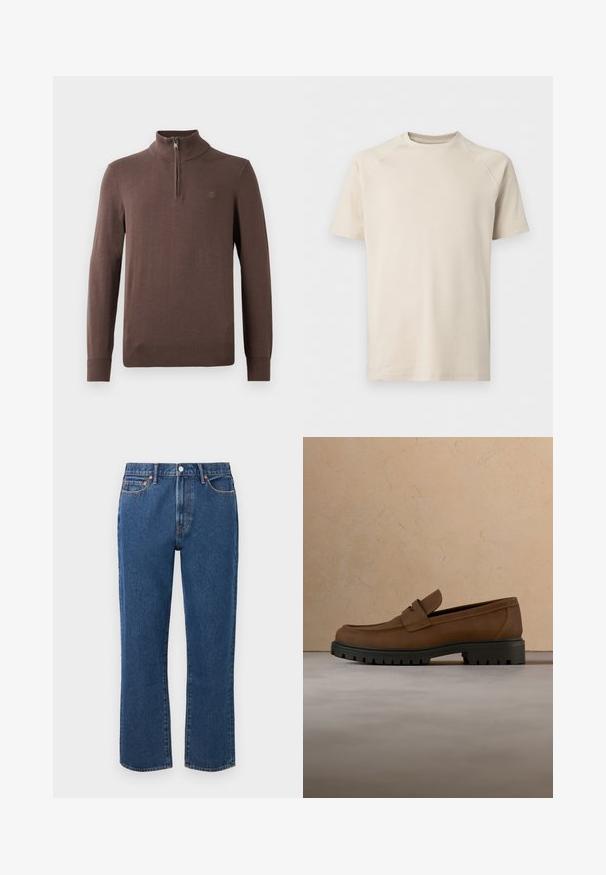 Brun strikket pullover med høj krave og kvart lynlås. Har ribbet manchetter og nederkant, samt et lille logo på brystet.; Beige kortærmet t-shirt med rund hals og raglanærmer, ensfarvet og lavet af glat stof.; Blå straight-leg jeans lavet af denim, med knaplukning, fem lommer og kontrasterende orange stikninger.; Mørkebrune læderloafer med tyk sort gummisål vist over en beige tæppe- og sofa baggrund.