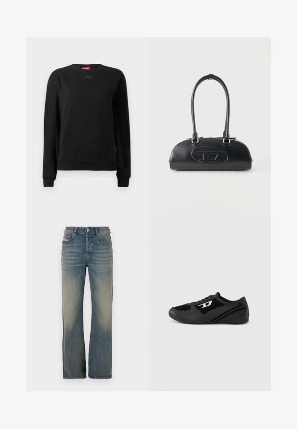 Sweat-shirt noir en tissu doux, avec un col rond, des manches longues et un petit logo circulaire près du col.; Jean en denim bleu clair avec une coupe droite. Doté d'une fermeture à bouton, de poches avant et d'un léger délavage au niveau des cuisses.; Chaussures de sport noires avec tige en daim et synthétique, dotées d'un design texturé, d'un bout arrondi et d'une semelle plate. Accent logo argenté sur le côté.; Sac à main en cuir noir avec longues poignées doubles et logo ovale embossé sur le devant, présenté sur un fond clair uni.