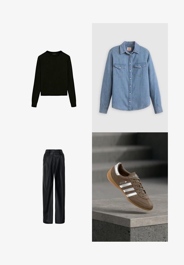 Pull en tricot noir avec un col rond, des manches longues et une coupe cropped. Fabriqué dans un matériau doux avec une texture lisse.; Chemise en denim bleu clair à manches longues, boutonnée à l'avant, avec deux poches poitrine et un col classique. Texture lisse et coupe décontractée.; Pantalon en simili cuir noir avec une coupe ample, des plis à l'avant, des jambes larges et une taille haute avec une fermeture à bouton.; Baskets en daim marron avec des rayures blanches et des accents argentés, dotées d'une tige texturée, d'un système de laçage et d'une semelle en caoutchouc gomme.