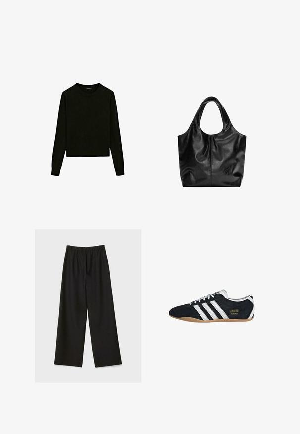 Sort strikket sweater med rund hals, lange ærmer og cropped design. Fremstillet af et blødt materiale med en glat tekstur.; Sorte brede benbukser med elastisk talje, vist fladt på en lys baggrund.; Sort ruskinds sneaker med hvide tre striber, guldlogo og en brun gummisål. Har et lavprofil snørebåndsdesign.; Sort læder tote taske med en glat overflade, en blød, afrundet top og brede håndtag. Har minimal syning og en afslappet silhuet.
