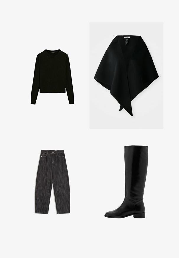 Pull en tricot noir avec un col rond, des manches longues et une coupe cropped. Fabriqué dans un matériau doux avec une texture lisse.; Jean en denim noir avec coupe large, design cinq poches, surpiqûres blanches visibles et fermeture à bouton à la taille.; Botte noire en cuir, montante jusqu'au genou, avec une texture lisse, un bout rond, un petit talon et un design minimaliste. Elle présente une tige ajustée et des accents cousus.; Écharpe en laine noire avec un design angulaire, dotée de tissu drapé qui se rétrécit en un point. Des étiquettes sont visibles à l'arrière du cou.