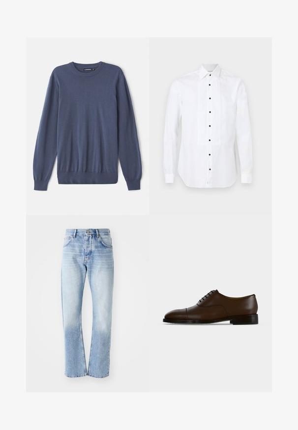 Mænds blå sweater lavet af blødt stof, med rund hals, lange ærmer, ribbede manchetter og en tætsiddende kant. Glat tekstur uden mønstre.; Hvid skjorte med lange ærmer, plisseret frontpanel og sorte knapper, med spids krave og manchetter med knaplukning.; Lyseblå denim jeans med lige ben. Har en fem-lomme design, knaplukning og en falmet tekstur mod bunden.; Mørkebrun lædersko med kap-tå, lukket snørebånd og lav sort hæl set fra siden mod en ensfarvet baggrund.