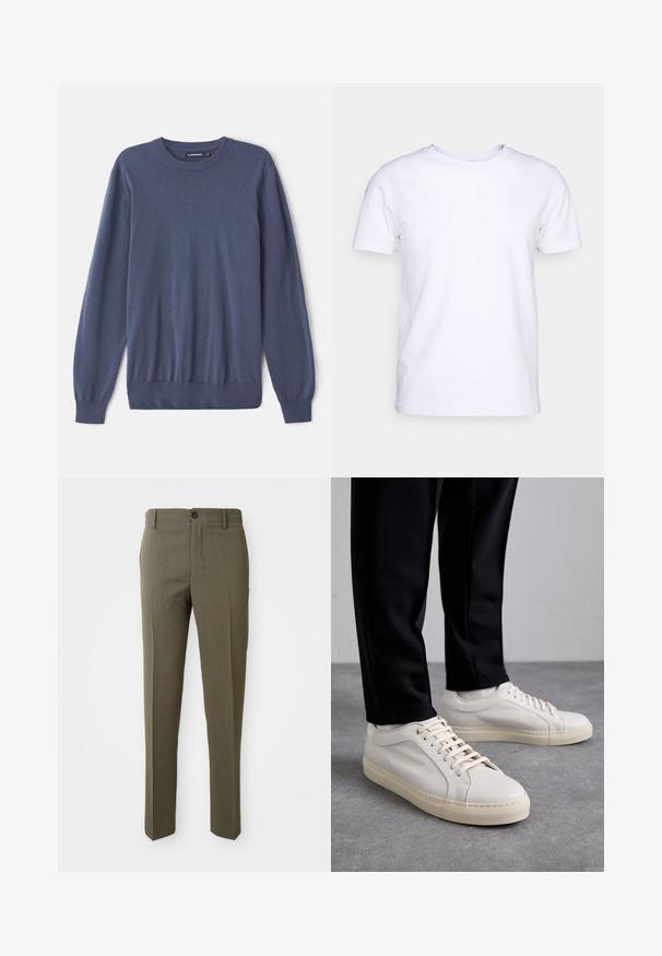 Herrenblauer Pullover aus weichem Material, mit Rundhalsausschnitt, langen Ärmeln, gerippten Bündchen und passgenauem Saum. Glatte Textur ohne Muster.; Weißes T-Shirt mit kurzen Ärmeln aus Baumwollstoff und rundem Halsausschnitt. Schlichtes Design ohne Muster oder Akzente. Glatte Textur.; Olivgrüne maßgeschneiderte Hose mit glatter Textur, geradem Bein, einem einzigen Frontknopf und praktischen Seitentaschen.; Helle beigefarbene Leder-Sneaker mit flachen Schnürsenkeln, einer strukturierten Oberfläche und einer kontrastierenden, cremefarbenen Gummisohle, kombiniert mit schwarzen eng geschnittenen Hosen.