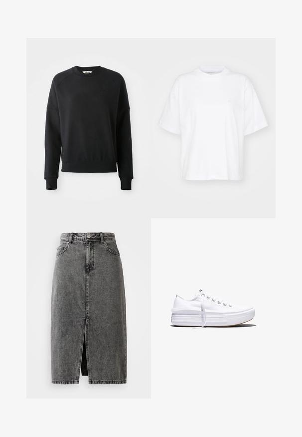 Schwarzes Sweatshirt mit ribbeligem Rundhalsausschnitt, Raglanärmeln und leicht verkürztem Schnitt. Mit einem dezenten Logo im Stoff. Weiche Textur.; Weißes Baumwoll-T-Shirt mit Rundhalsausschnitt, kurzen Ärmeln und lockerer Passform. Verfügt über ein dezentes Logo auf der linken Brustseite. Glatte Textur.; Hochgeschnittene, ausgebleichte schwarze Denim-Midirock mit vorderem Schlitz, Gürtelschlaufen und klassischem Fünf-Taschen-Design.; Weißer Canvas-Sneaker mit niedrigem Schnitt, dicker Plateau-Sohle, vorderer Schnürung und rauer Gummikappe an der Spitze, aus seitlicher Ansicht gezeigt.