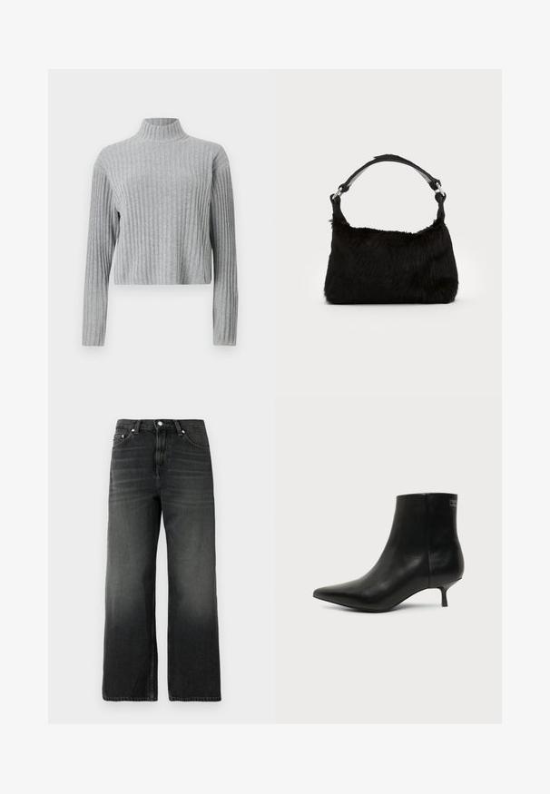 Grå ribbet turtleneck sweater med lange ærmer, cropped længde, blød tekstur og tætsiddende design. Ingen synlig hardware eller mønstre.; Sorte denim jeans med en afslappet pasform, lige ben design, falmet tekstur, fem-lomme stil og sølvknaplukning i taljen.; Sort læder ankelstøvle med spids tå og lav kitten hæl på lys baggrund, der viser yderside.; Sort faux fur håndtaske med en blød tekstur, rund form og en robust skulderrem i sort læder. Synlige sølvhardware-detaljer.