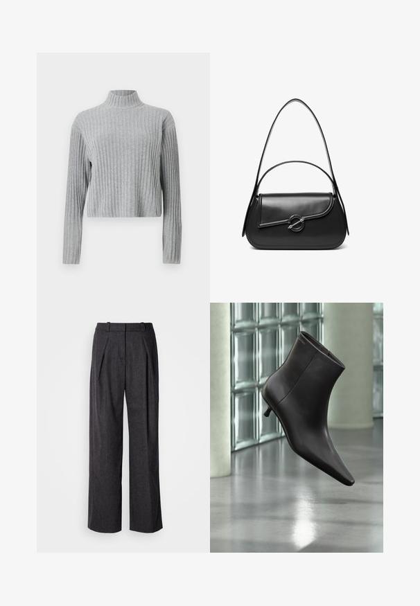 Grå ribbet turtleneck sweater med lange ærmer, cropped længde, blød tekstur og tætsiddende design. Ingen synlig hardware eller mønstre.; Mørkegrå brede benbukser i et struktureret stof, med frontfolder og et klassisk livdesign. Ingen synlige lommer.; Sort læderankelstøvle med spids tå og lille hæl vist mod en væg af glasblokke og poleret gulv baggrund.; Sort skuldertaske i læder med en buet klap, der er fastgjort med en rund metal spænde, og en slank, justerbar rem.