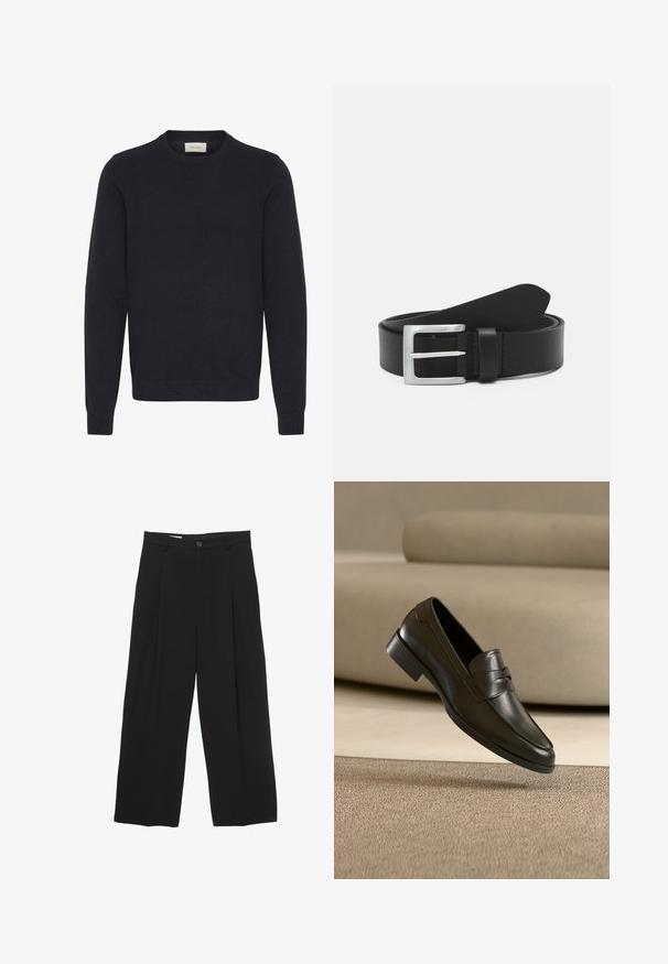 Sort strikket sweater med rund halsudskæring, lange ærmer og ribbede manchetter og kant. Glat tekstur uden synlige mønstre eller dekorationer.; Sorte bukser med bred benvidde lavet af glat stof, med flad talje, frontfolder og en enkelt knaplukning.; Sort lædersko med slip-on design, svævende over beige tæppe med beige sofa i baggrunden, der fremhæver klassisk herrestil.; Sort læderbælte med en glat overflade, sølv rektangulær spænde og en løkke til enden. Har pæne stikninger langs kanterne.