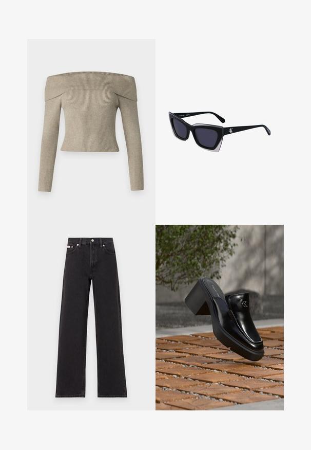 Haut en tricot côtelé beige, décolleté asymétrique, à manches longues et à coupe ajustée. Caractérisé par un petit logo en accent au niveau de l'ourlet.; Jeans noirs à jambes larges en denim, avec une taille haute, une coupe à cinq poches et une fermeture à bouton en métal avec des coutures contrastantes.; Mule slip-on en cuir noir Calvin Klein avec talon bloc reposant sur des carreaux en bois à l'extérieur près d'une plante verte et d'un mur gris.; Lunettes de soleil noires surdimensionnées avec une forme géométrique, dotées de verres foncés et d'un détail gris contrastant sur la monture. Logo sur la branche.