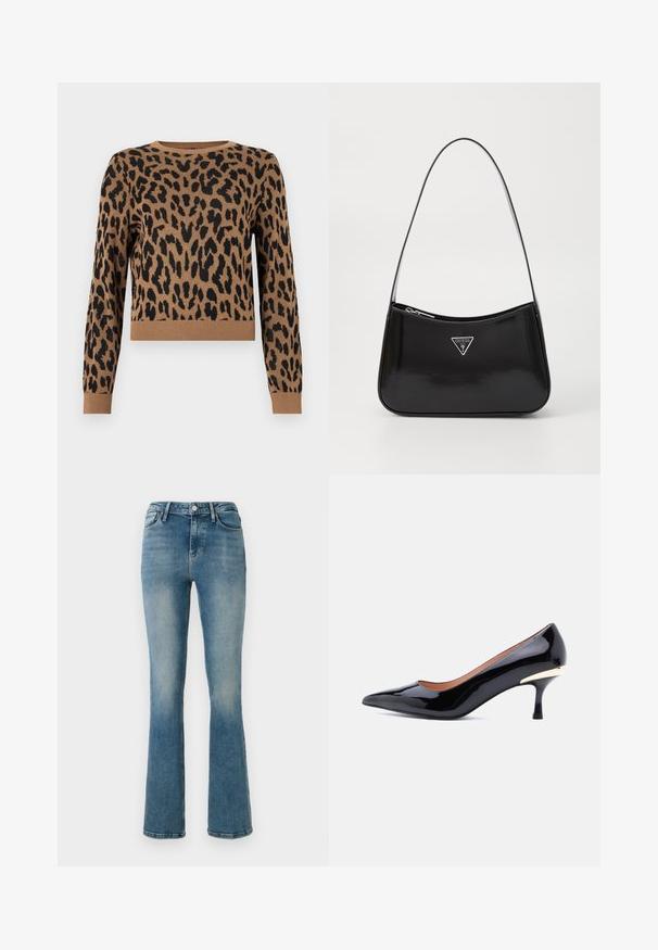 Sweater med leopardprint i tan med sorte pletter. Materialet er strikket, har en rund halsudskæring og ribbestrikket kant. Kort længde og lange ærmer.; Lys blå denim flared jeans med fem lommer, høj talje og sy detaljer. Stoffet viser en let falmet vask og en glat tekstur.; Sort laklæder kitten heel-sko med spids tå og gyldent accent på bagsiden af hælen, vist på en hvid baggrund.; Sort patenteret læder skuldertaske med en buet form, prydet med et sølvfarvet trekantet logo og en lynlås-lukning. Glat tekstur og slank rem.