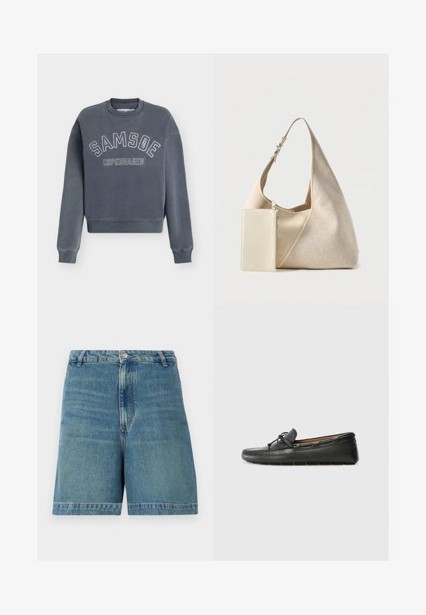 Sweat-shirt gris foncé à col rond avec « SAMSOE » en arc et « COPENHAGEN » en dessous en lettres blanches usées sur le devant.; Short en denim bleu avec passants de ceinture, bouton à l'avant, fermeture éclair et ourlet droit.; Bateau en cuir noir avec un bout arrondi, des détails de couture, un petit accent en nœud et une semelle en caoutchouc. Texture lisse et design épuré.; Sac hobo en tissu beige avec bandoulière réglable et petite pochette rectangulaire zippée assortie attachée.