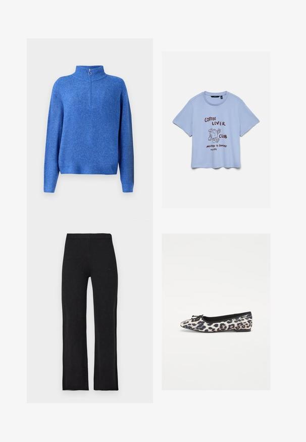Blauwe gebreide pullover met een hoge kraag en een halve rits. Heeft een textuurstof en een ontspannen, boxy pasvorm.; Lichtblauw T-shirt met korte mouwen, een cartoon koffiekopje en tekst "Coffee Lover Club Monday to Sunday 11am - Late" op de voorkant.; Zwarte gebreide rechte broek met elastische tailleband, plat uitgestald op een lichte achtergrond.; Leesleopardprint ballerina's met een zwarte strik op de neus, gemaakt van zachte stof, in een ronde vorm en met een platte zool.