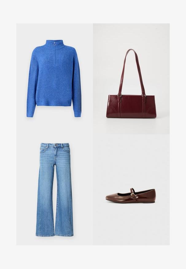 Blå strikket pullover med høj krave og halvlukning. Har et struktureret stof og en afslappet, boxy pasform.; Lyseblå denimjeans med høj talje, knap- og lynlåslukning, forlommer og vide ben.; Brun patentlæder balletflade med firkantet tå og strop med en lille guldbuckle. Glat tekstur, lav hæl og minimalistisk design.; Bordeaux håndtaske lavet af glansfuldt materiale, rektangulær form, med to skulderremme og subtile buede detaljer på forsiden.