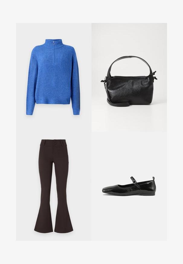 Pull en maille bleu avec un col haut et une fermeture éclair mi-longue. Présente un tissu texturé et une coupe décontractée, légèrement oversized.; Pantalons évasés marron en tissu extensible. Caractérisés par une taille haute avec deux boutons et une texture lisse. Sans motifs ni embellissements.; Chaussure plate en cuir verni noir avec un bout pointu, une sangle de cheville avec boucles, et une texture lisse et brillante. Talon bas pour le confort.; Sac à main en cuir noir au design structuré, avec une poignée arrondie et une bandoulière amovible. Présente une texture lisse et un éclat subtil.