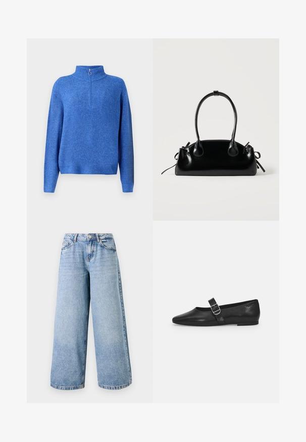 Blå strikket pullover med høj krave og halvlukning. Har et struktureret stof og en afslappet, boxy pasform.; Lyseblå bredbenede jeans lavet af denim, med høj talje, lynlås og fem lomme-design. Syninger er synlige langs benene.; Sorte læder flade sko med rund tå, et enkelt justerbart spænde og en glat, blank overflade. Minimalistisk design med en lav hæl.; Lille sort blank håndtaske med to lange håndtag og snøre-detaljer i siden på en ensfarvet lys baggrund.