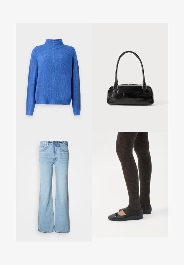 Pull en maille bleu avec un col haut et une fermeture éclair mi-longue. Présente un tissu texturé et une coupe décontractée, légèrement oversized.; Jean bleu clair avec une coupe pattes d'éléphant, fabriqué en denim, doté d'une fermeture à bouton sur le devant, cinq poches, et un léger effet délavé.; Jambes portant des leggings côtelés foncés associés à des ballerines noires avec de petits détails en nœud sur fond blanc.; Sac à main en cuir noir de forme rectangulaire, doté d'une seule ansse structurée, de quincaillerie argentée et d'une fermeture éclair. Texture lisse.