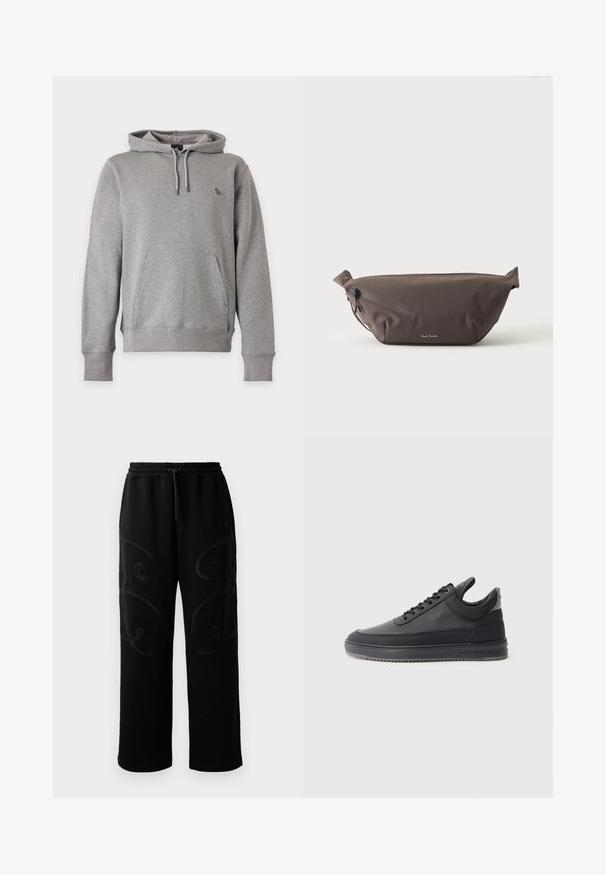Sweat à capuche gris clair avec poche avant, capuche à cordon, poignets côtelés et petit logo d’animal multicolore sur la poitrine.; Pantalons de jogging noirs avec une coupe décontractée, présentant des motifs de couture tourbillonnants complexes sur les côtés et une ceinture élastique avec cordon de serrage.; Baskets en cuir noir avec une surface texturée, design à lacets, tige basse, et une semelle en caoutchouc grise avec un bord strié.; Sac banane en tissu marron foncé avec poche zippée en diagonale et petit logo blanc sur le devant, sur un fond clair uni.
