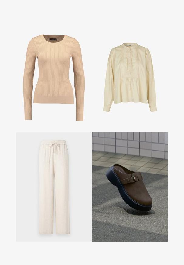 Pull long à manches longues en beige clair, fabriqué dans un tissu extensible. Présente un col rond et une silhouette ajustée avec des poignets resserrés.; Blouse en coton beige à manches longues, devant plissé, fermeture à boutons et col mandarin. Dispose d'une coupe décontractée et de détails texturés.; Pantalons larges beige clair, fabriqués à partir d'un matériau doux et texturé. Dotés d'une taille élastique avec un cordon de serrage pour un ajustement.; Chaussure en daim marron à enfiler avec une semelle épaisse noire et une boucle sur le côté, flottant au-dessus d'un pavé texturé avec un mur carrelé en arrière-plan.
