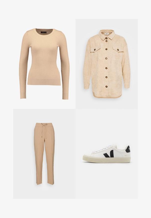 Geribbelde lange mouwen trui in lichtbeige, gemaakt van rekbaar materiaal. Kenmerkt zich door een ronde halslijn en een getailleerde pasvorm met gebande mouwen.; Beige corduroy overhemdjasje met een kraag, voor sluiting met knopen, twee borstzakken en een relaxte fit. Gelaagd stof met verticale ribbels.; b.young BYDanta - Broek - tannin melange; Witte leren sneaker met zwart rubberen V-logo. Getextureerde off-white zool, witte veters en een achterkant met een detail van de merknaam in het zwart.