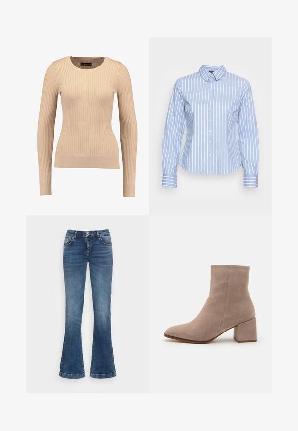 Pull long à manches longues en beige clair, fabriqué dans un tissu extensible. Présente un col rond et une silhouette ajustée avec des poignets resserrés.; Chemise bleu clair à boutons avec des rayures blanches verticales, un col classique, des manches longues et des poignets boutonnés, offrant une coupe cintrée.; Jean en denim bleu avec une légère évasement au niveau des jambes, fermeture à bouton, poches avant et détails légèrement décolorés.; Botte de cheville en suède beige avec un bout pointu et un talon carré épais. La surface est lisse avec une texture douce et des détails minimaux.