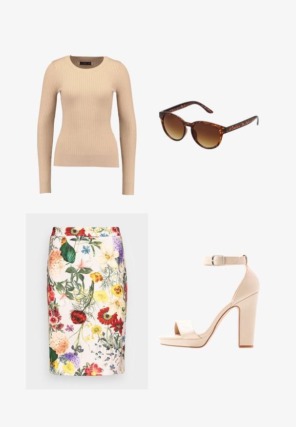 Pull long à manches longues en beige clair, fabriqué dans un tissu extensible. Présente un col rond et une silhouette ajustée avec des poignets resserrés.; Jupe crayon florale ornée d'un mélange de fleurs colorées sur un fond clair, en tissu doux, de longueur mi-mollet et avec une silhouette ajustée.; Anna Field Sandales - offwhite; Lunettes de soleil écaille de tortue avec une forme vintage œil de chat, verres dégradés marron et finition lisse et brillante sur les montures et les branches.