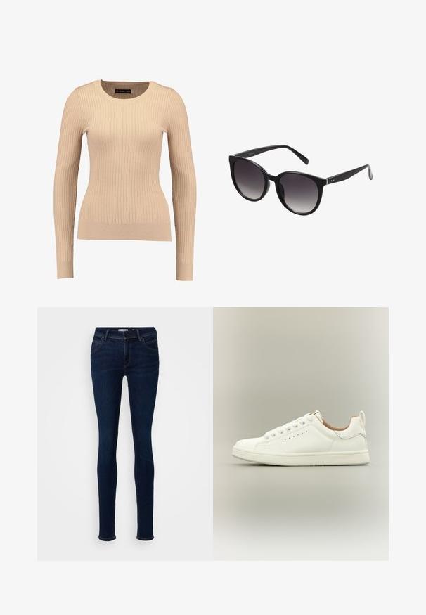 Geribbelde lange mouwen trui in lichtbeige, gemaakt van rekbaar materiaal. Kenmerkt zich door een ronde halslijn en een getailleerde pasvorm met gebande mouwen.; Skinny jeans van donkerblauwe denimstof. Bevat vijf zakken, een knoopsluiting en subtiele stikseldetails langs de naden.; Witte lage sneaker met veters, geperforeerde details aan de zijkant en een trek lus op de hiel, tegen een neutrale achtergrond.; Zwarte cat-eye zonnebril met gradient lenzen, kunststof montuur, een gladde textuur en zilveren accentdetails op de armen.