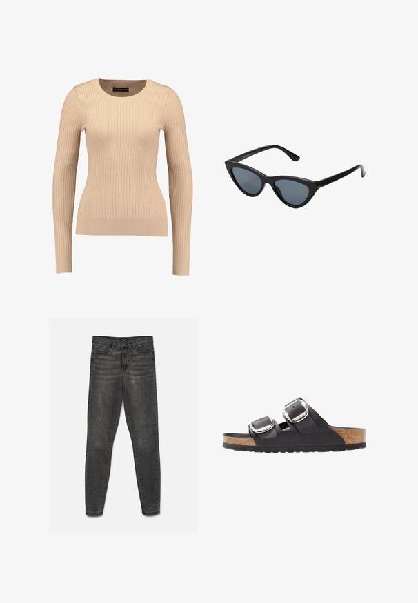 Ribbet langærmet sweater i lys beige, lavet af strækbart stof. Har en rund halsudskæring og tætsiddende silhuet med ribbede manchetter.; Mørkegrå slim-fit jeans med knap- og lynlåslukning, for- og baglommer, vist fladt på en hvid baggrund.; Sort sandal med to justerbare remme, sølvspænder og en korksål på en struktureret sort gummisål.; Sorte katteøje solbriller med mørkegrå linser, slankt plastisk stel, spidse hjørner og lige stænger. Ingen synlig hardware eller dekorationer.