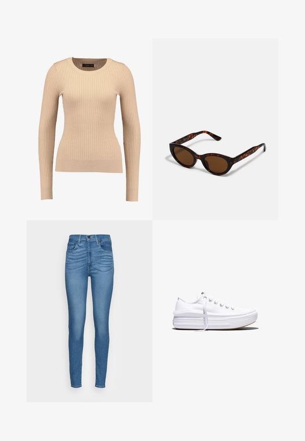 Ribbet langærmet sweater i lys beige, lavet af strækbart stof. Har en rund halsudskæring og tætsiddende silhuet med ribbede manchetter.; Blå denim skinny jeans med høj talje, fem lommer og en glat tekstur. Har en klassisk knaplukning og bæltestropper.; Hvid lavt snørestøvle med tyk plateau-sål, snørelukning foran og gummiforstærket tåkap, set i sideprofil.; Brune skildpadde solbriller med en vintage katteøje-form og brune linser. Har buede arme med røde detaljer.