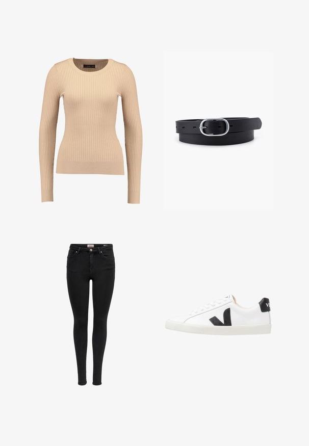 Geribbelde lange mouwen trui in lichtbeige, gemaakt van rekbaar materiaal. Kenmerkt zich door een ronde halslijn en een getailleerde pasvorm met gebande mouwen.; Zwarte skinny jeans met voorzakken, riemlussen en knoopsluiting, weergegeven tegen een witte achtergrond.; Witte sneaker met een zwart V-logo, voorzien van een gladleren bovenwerk, ronde neus, vetersluiting en een contrasterende zwarte hieltab.; Zwarte leren riem met een gladde textuur, ovaal zilveren metalen gespsluiting en meerdere verstelgaten langs de band. Platte, minimalistische uitstraling.