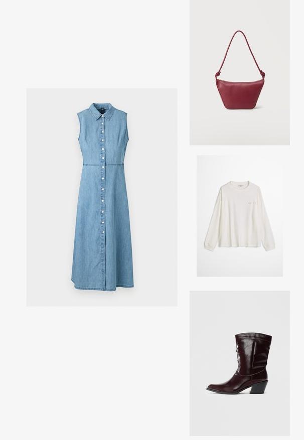 Chemise blanche à manches longues et col rond avec un petit texte noir "keep on moving" sur la partie supérieure gauche de la poitrine, présentée sur un fond uni.; Robe midi en denim bleu clair sans manches avec col et fermeture à boutons sur le devant, taille cintrée et jupe en ligne A.; Bottines en cuir bourgogne avec un bout pointu, une surface texturée et un petit talon effilé. Présente une couture discrète et un ajustement confortable.; Petit sac à bandoulière en cuir marron foncé avec bandoulière nouée et fermeture éclair supérieure, sur un fond clair uni.