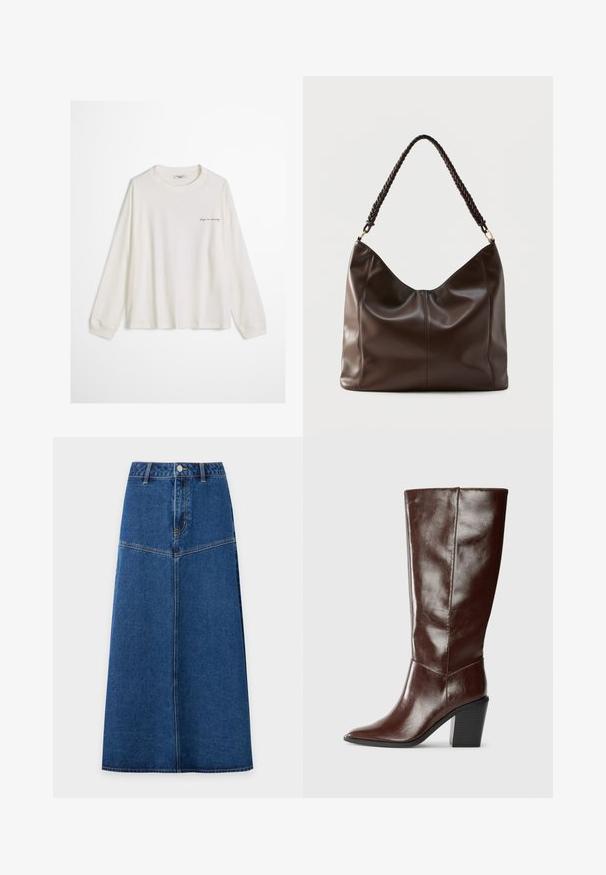 Chemise blanche à manches longues et col rond avec un petit texte noir "keep on moving" sur la partie supérieure gauche de la poitrine, présentée sur un fond uni.; Jupe midi en denim bleu avec boutons sur le devant et détails de couture, légèrement évasée de la taille à l'ourlet sur fond blanc.; Botte haute en cuir marron foncé avec un bout pointu et un talon empilé, présentée de côté sur un fond uni.; Sac à bandoulière en cuir brun foncé avec une poignée tressée et des coutures apparentes sur le devant.