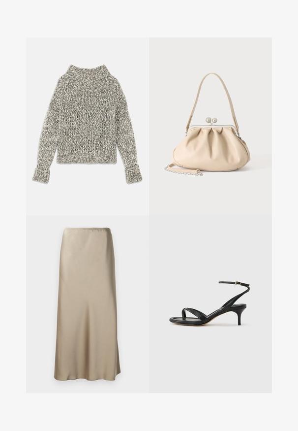 Pull en tricot épais dans des teintes crème et gris. Il présente un large col et des poignets côtelés, avec une coupe carrée et un motif texturé tout au long.; Jupe midi en satin beige clair avec une taille élastique, texture lisse et forme évasée. Aucun motif ou matériel visible.; Sandale pour femme en cuir noir avec fines lanières, une boucle d'orteil, une boucle à la cheville et un talon aiguille de hauteur moyenne sur un fond neutre.; Sac à main en cuir souple beige avec un fermoir en métal argenté, une bandoulière simple et une bandoulière chaîne optionnelle sur fond blanc.