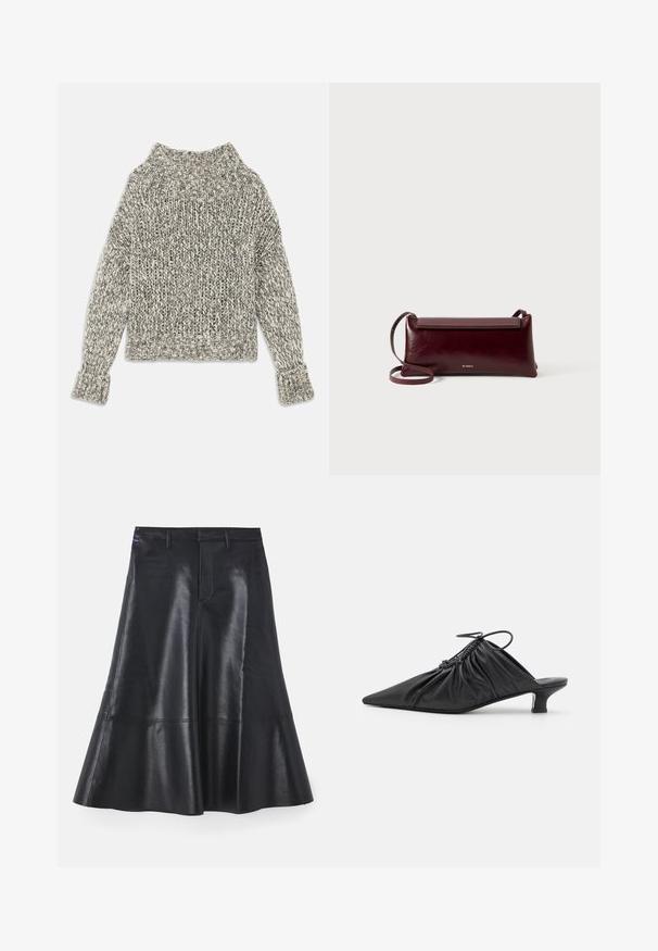 Pull en tricot épais dans des teintes crème et gris. Il présente un large col et des poignets côtelés, avec une coupe carrée et un motif texturé tout au long.; Jupe en cuir noire avec un design évasé, mi-longue, dotée d'une texture lisse et de détails de couture discrets le long de l'ourlet.; Mules noirs en cuir à enfiler avec un bout pointu, une texture froncée et un petit talon aiguille. Présente un détail à cordon au niveau de l'ouverture.; Sac à bandoulière en cuir bordeaux avec une texture lisse, de forme rectangulaire, fermeture à rabat et une fine sangle réglable. Détail du logo doré visible.