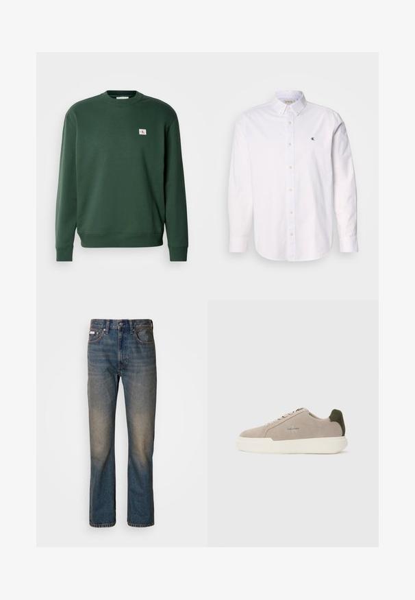 Groene sweatshirt van katoenmix, met een ronde hals en geribde manchetten. Kleine logo patch op de borst. Soepele textuur.; Witte button-up shirt gemaakt van katoen, met een klassieke kraag, lange mouwen en een klein CK-logo op de linkerborst. Glad oppervlak.; Hoge taille blauwe spijkerbroek van denim, met een rechte pijpontwerp, vervaagde versleten plekken en traditionele vijf-pocket styling.; Beige suède sneakers met een witte rubberen zool, voorzien van een donkergroene hielaccent en subtiele branding aan de zijkant.