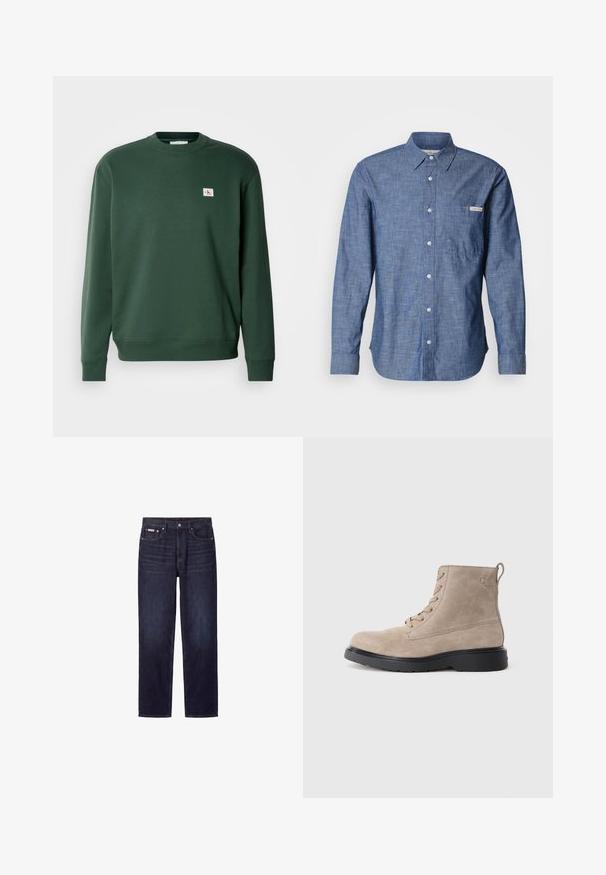 Grøn sweatshirt lavet af blandingsbomuld, der har en rund halsudskæring og ribbede manchetter. Lille logo patch på brystet. Glat struktur.; Blå langærmet skjorte med knapper i et let, tekstureret stof. Har en lomme på venstre bryst og en lille logomærkat. Knapperne er lyse.; Mørkeblå straight-leg jeans med fem lommer, knaplukning og synlige syninger.; Beige ruskindsankelstøvler med sort gummisål, snørelukning og et lille logo præget på siden, med en løftestrop bagpå.