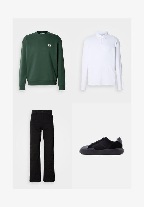 Grøn sweatshirt lavet af blandingsbomuld, der har en rund halsudskæring og ribbede manchetter. Lille logo patch på brystet. Glat struktur.; Langærmet hvid polo-shirt lavet af blødt stof, med en klassisk krave, tre knaplukninger og et diskret logo på brystet.; Sort bomuldsbukser med lige ben, der har knaplukning og bæltestropper. Glat tekstur og minimalistisk stil uden synlige mønstre.; Sort lav sko med tyk sål, snørebånd foran og diskret "cK"-logo på sidespanden.