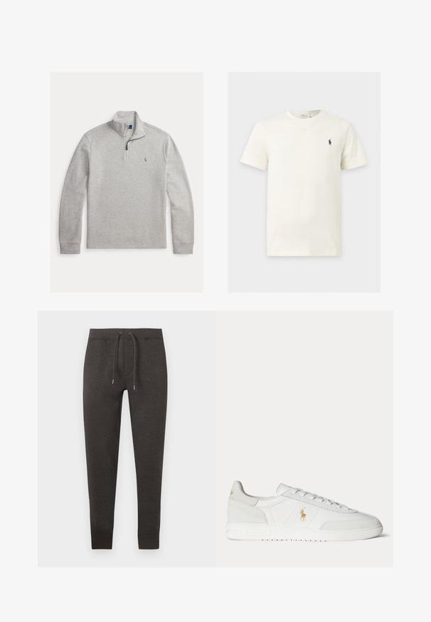 Pull gris clair à manches longues avec col zippé au quart et petit logo brodé sur la poitrine gauche.; T-shirt blanc manches courtes col rond avec petit logo sombre d'un cheval et d'un cavalier sur la poitrine gauche.; Pantalon de survêtement gris foncé en matière douce, doté d'une ceinture élastique avec cordon de serrage, jambes fuselées et poignets à la cheville.; Baskets basses blanches avec design à lacets, logo Polo Ralph Lauren doré sur le côté et semelle texturée sur fond uni.