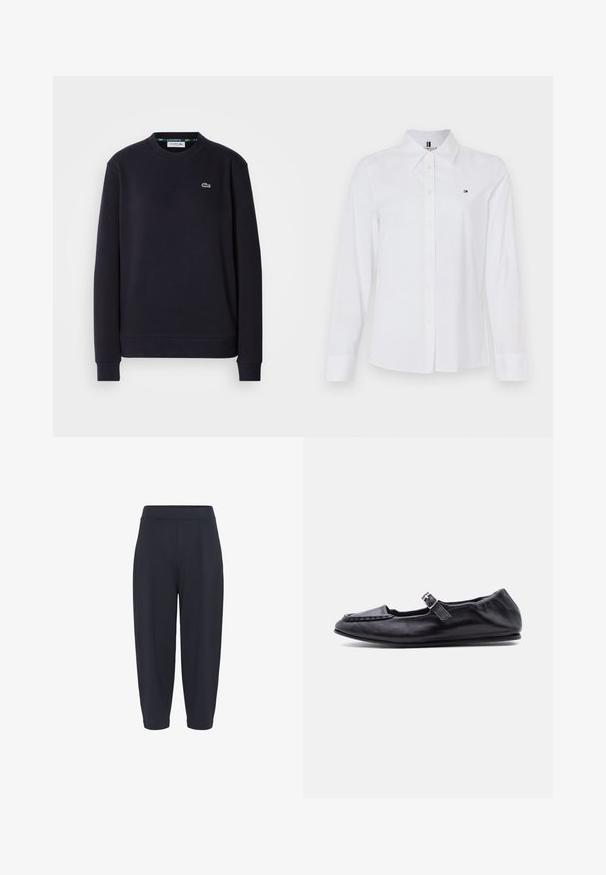 Simpel sort langærmet Lacoste sweatshirt med rund hals og broderet grønt krokodillelogo på venstre bryst mod hvid baggrund.; Hvid langærmet button-up skjorte lavet af bomuld, der har en klassisk krave, subtilt logo på brystet og gule knapper.; Marineblå slanke bukser med elastisk talje, der har midterfold, en glat overflade og en ankellang længde.; Sort lærflad sko med en lille spænde strop over toppen og en rund, syet tå.