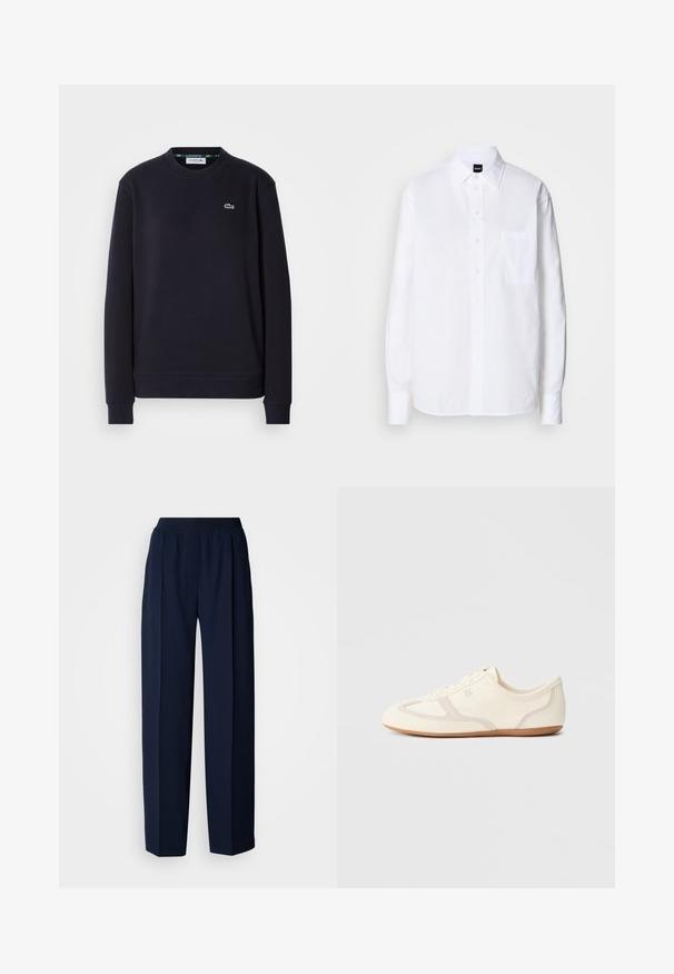 Simpel sort langærmet Lacoste sweatshirt med rund hals og broderet grønt krokodillelogo på venstre bryst mod hvid baggrund.; Hvid skjorte med knapper lavet af bomuld, med klassisk krave, lange ærmer, en brystlomme og en glat, sprød tekstur.; Navyblå bukser med lige ben, elastisk taljebånd og folder foran, vist mod en ensfarvet hvid baggrund.; Sneakers i cremefarve med overdel i ruskind og stof, rundet tå og gummisål med beige detaljer. Snørelukning.