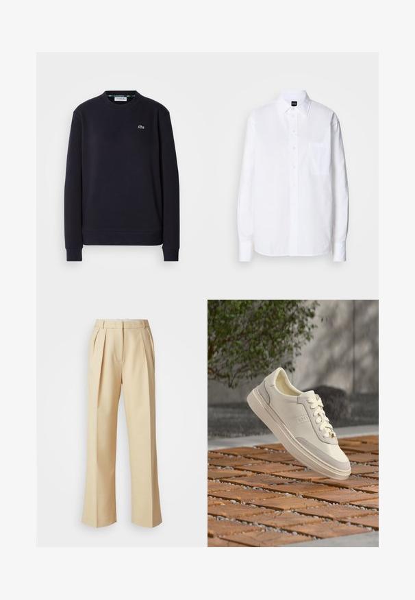 Effen zwarte lange mouwen Lacoste crewneck sweatshirt met geborduurd groen krokodillenlogo op de linkerkant van de borst tegen een witte achtergrond.; Wit katoenen overhemd met een klassieke kraag, lange mouwen, een borstzak en een gladde, frisse textuur.; Beige wijde broek met geplooide voorkant, gladde stof, verborgen sluiting en zijzakken. Gestructureerde pasvorm en op maat gemaakt ontwerp.; Witte BOSS sneaker met veters die zweeft boven een houten en kiezelachtige ondergrond met patroon, groene struik en grijze muur op de achtergrond.
