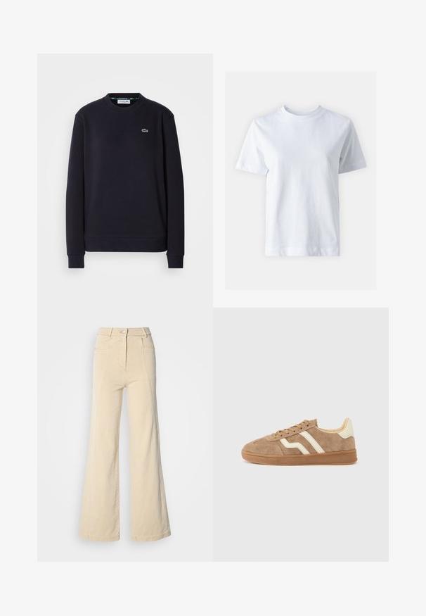 Simpel sort langærmet Lacoste sweatshirt med rund hals og broderet grønt krokodillelogo på venstre bryst mod hvid baggrund.; Hvid bomulds t-shirt med rund halsudskæring, korte ærmer, lige snit og glat tekstur. Ingen mønstre eller dekorationer.; Beige vidde jeans med høj talje, forlommer og kontrasterende syninger, udstyret med en knaplukning og en glat bomuldsstruktur.; Brun ruskindsneaker med hvide accentstriber, rund tå, beige inderside og gummiydersål. Snørebånd med tekstureret overflade.