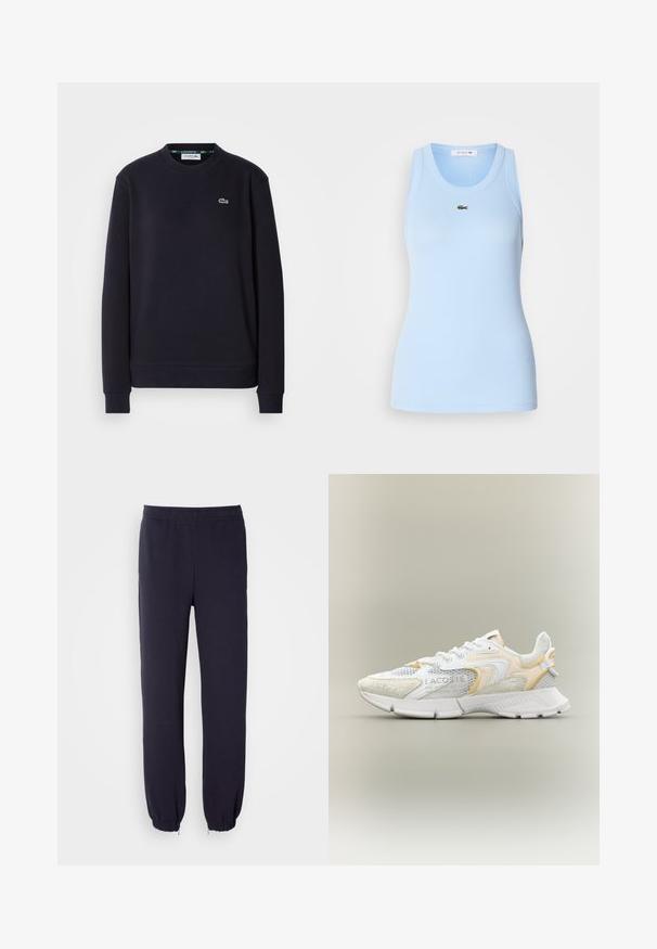 Simpel sort langærmet Lacoste sweatshirt med rund hals og broderet grønt krokodillelogo på venstre bryst mod hvid baggrund.; Lys blå tanktop lavet af ribbet stof, med rund hals og et lille grønt Lacoste-logo på brystet. Glat tekstur.; Marineblå sweatpants med elastisk talje og snoreforbundne nederste kanter. Fremstillet af blød stof med en glat tekstur, uden synlige mønstre eller udsmykninger.; Hvide sneakers med mesh- og ruskindsdetaljer, der har gule og grå designelementer. Labeled med brandnavn og modeloplysninger. Gummisål.