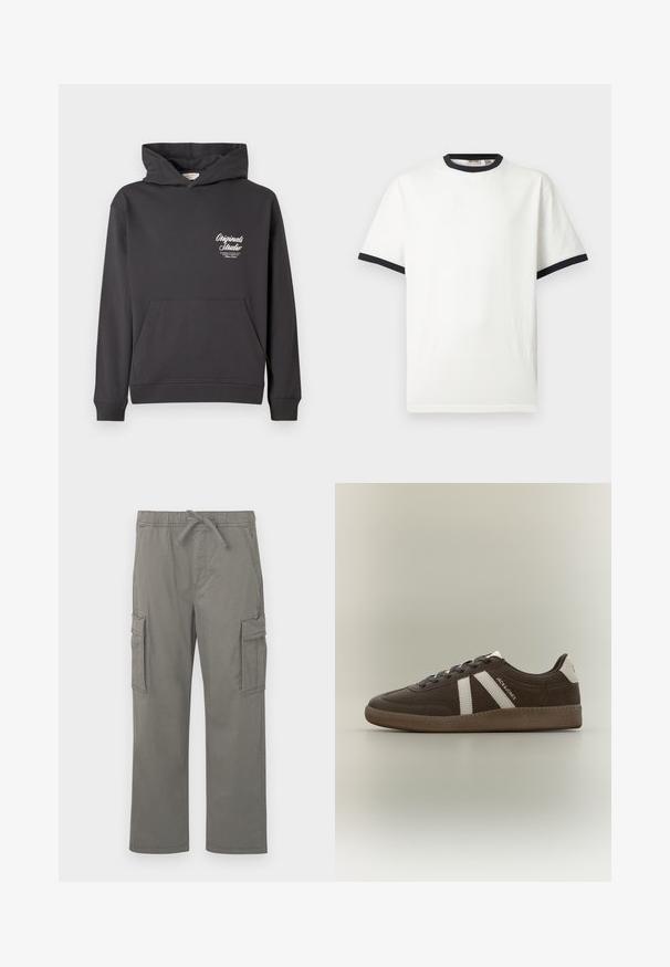 Hoodie gris avec une poche avant, capuche à cordons, manches côtelées et logo en texte blanc sur le côté gauche de la poitrine. Matériau doux en mélange de coton.; T-shirt blanc à manches courtes avec bordure noire au col rond et aux poignets, présenté sur un fond uni gris clair.; Pantalons cargo droit gris avec taille élastique, cordon de serrage, poches latérales à rabat et poches frontales fendu, présentés sur fond blanc.; Basket en daim marron avec des bandes blanches, un renfort de talon blanc, une semelle gomme et le texte "JACK & JONES" sur le côté, présentée de profil sur un fond uni.