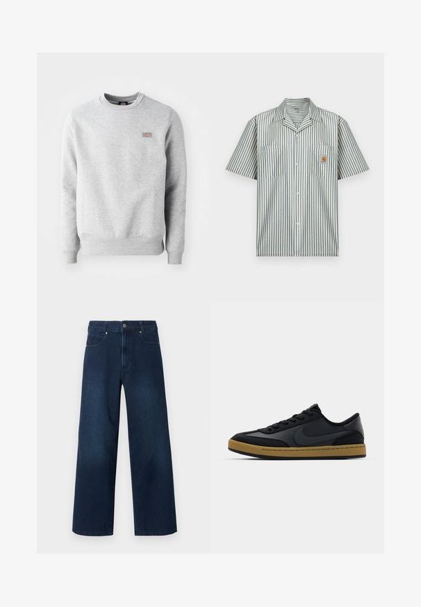 Grijze sweatshirt met een ronde hals, ribgebreide manchetten en onderrand, gemaakt van zacht katoen. Kenmerkt een klein logo op de linkerkant van de borst.; Korte mouwen overhemd met knopen, gemaakt van blauw en crèmekleurig gestreept katoen, met twee borstzakken en een klein logoplaatje op de linkerzak.; Donkerblauwe wijde denim jeans met knoop- en ritssluiting aan de voorkant, voor- en achterzakken, getoond tegen een witte achtergrond.; Zwarte leren sneaker met een laag ontwerp, vetersluiting, rubberen zool en gumkleurige accenten. Voorzien van een zijlogo en gestructureerde materialen.