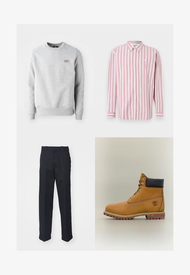 Grauer Pullover mit Rundhalsausschnitt, gerippten Bündchen und Saum, aus weichem Baumwollmaterial. Besitzt ein kleines Logo auf der linken Brust.; Gestreiftes Hemd zum Knöpfen in Pink und Weiß. Verfügt über einen Kragen, lange Ärmel und ein kleines Logo. Hergestellt aus gewebtem Stoff.; Schwarze maßgeschneiderte Hose mit geradem Schnitt, aus glattem Stoff gefertigt, mit einem Bund mit Gürtelschlaufen und ohne sichtbare Muster oder Beschläge.; Brauner Leder-Stiefelette mit schwarzem Kragen, gelben Schnürsenkeln und hellbrauner Sohle. Verfügt über ein Logo und weiße Ziernähe. Robuste Profilsohle.