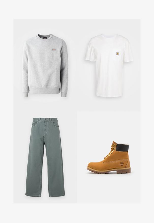 Sudadera gris con cuello redondo, puños y dobladillo acanalados, hecha de un suave material de algodón. Presenta un pequeño logo en el lado izquierdo del pecho.; Camiseta de algodón blanca con mangas cortas, un bolsillo en el pecho y un pequeño parche cuadrado de logo en naranja y blanco en el bolsillo.; Pantalones de pierna ancha en algodón verde apagado, con una cinturilla clásica, presillas para cinturón, bolsillos frontales y detalles de costura contrastantes.; Botín de cuero marrón con ojales de metal, forro de piel sintética blanca, cuello acolchado negro, suela resistente y logotipo en relieve en el costado.